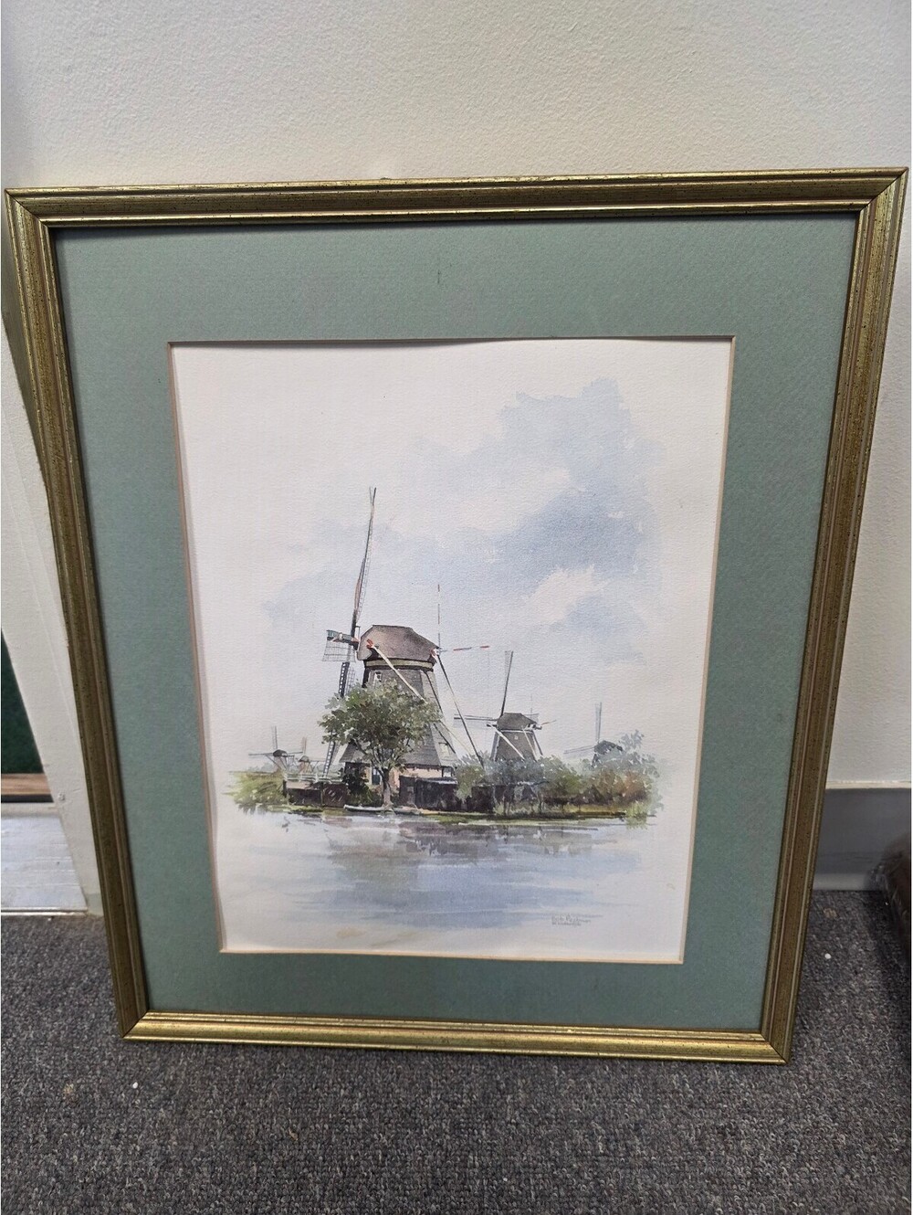 Framed Windmill Watercolor Painting with Green Mat and Gold Frame